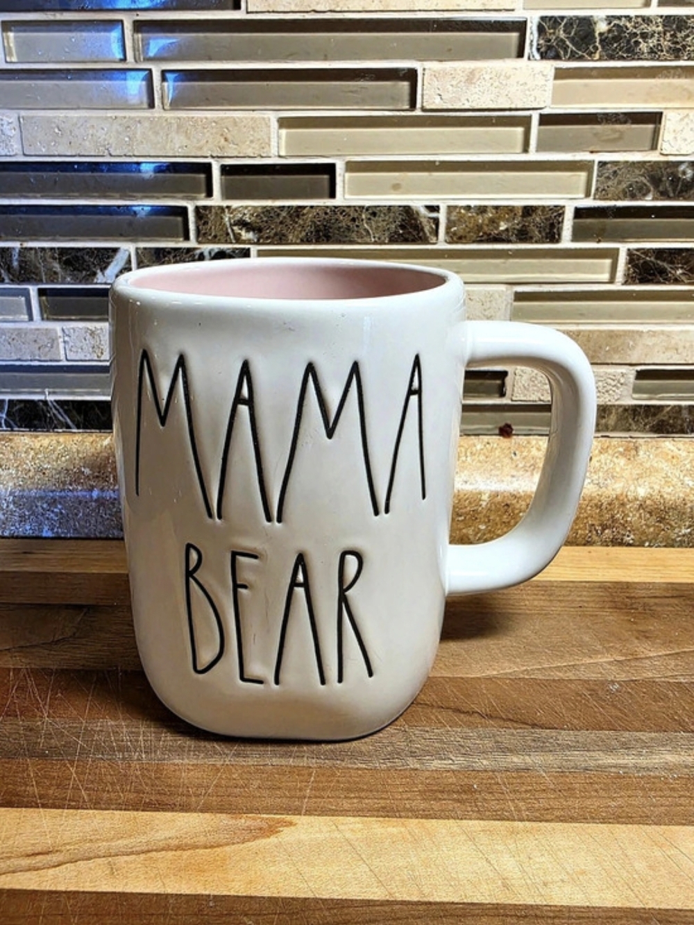 Rae Dunn Mama Bear Ceramic Mug with Pink Interior Mug White & Pink